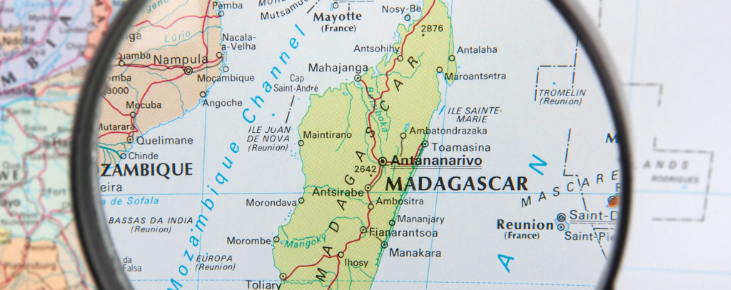Image showing a magnifying glass zooming in on Madagascar
